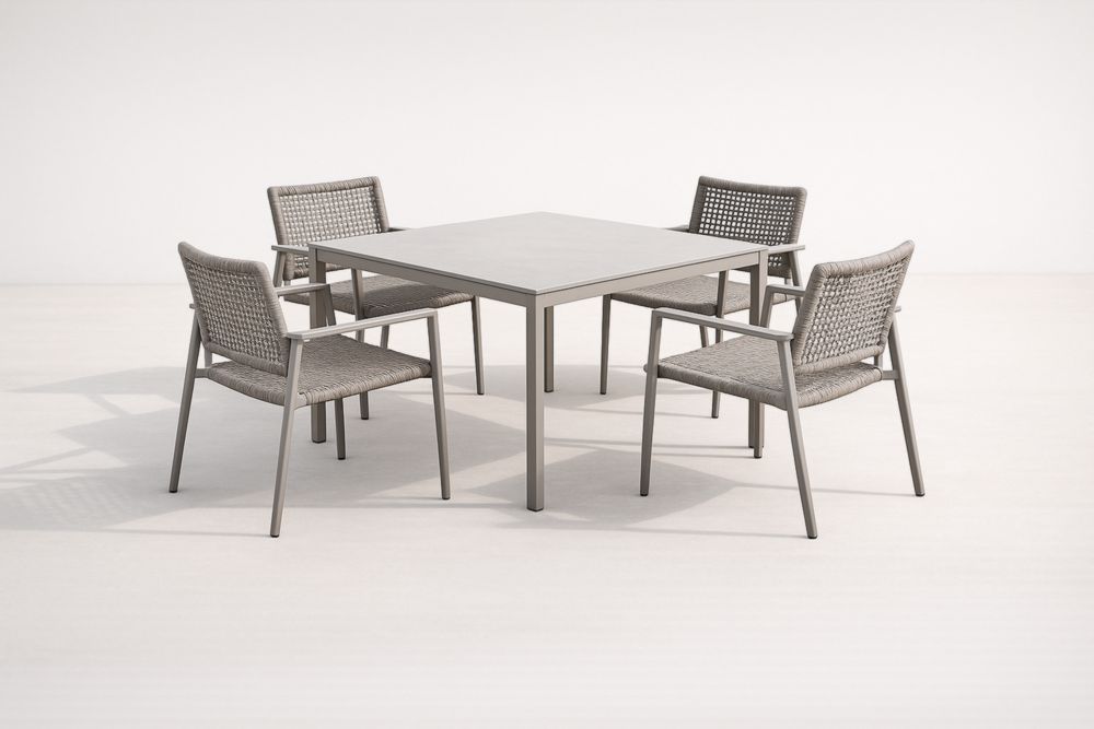 Set tavolo da pranzo in alluminio con sedie in corda grigia-Homeviralo