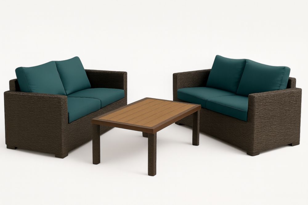 Ensemble canapé extérieur résine tressée coussins verts table bois