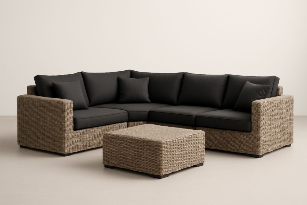 Canapé d'Angle Extérieur en Résine Tressée avec Coussins Noirs