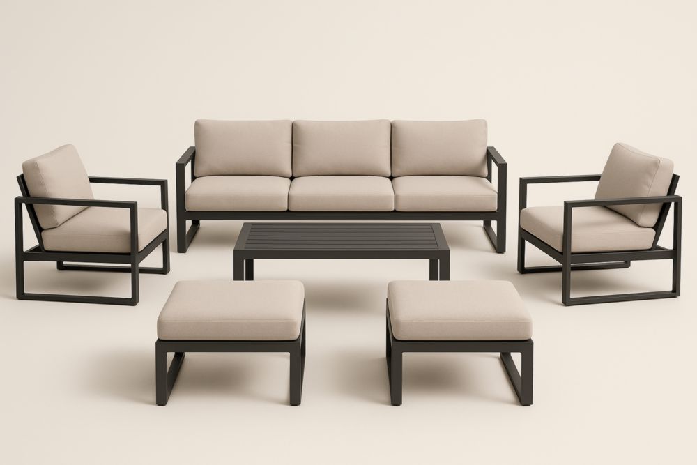 Ensemble de Meubles de Jardin en Métal et Tissu Beige avec Canapé, Fauteuils, Table Basse et Poufs