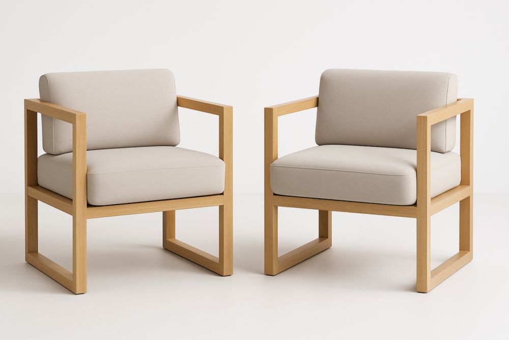 Fauteuil en Bois Massif avec Coussin en Tissu Beige, Lot de 2