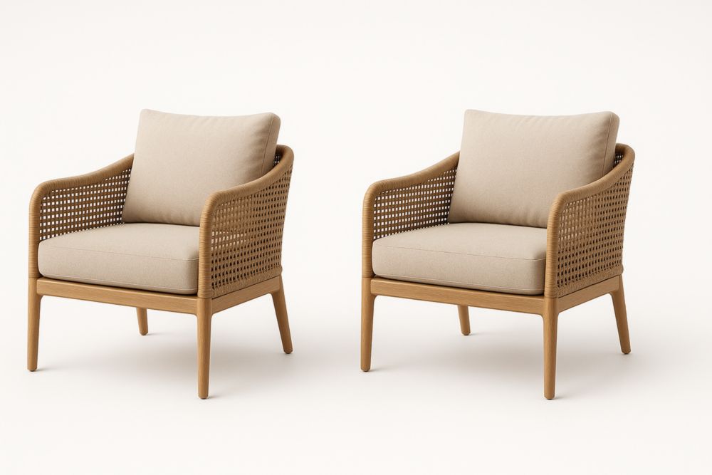 Fauteuil en bois et rotin avec coussins en polyester Beige - Lot de 2