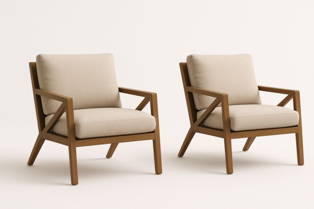 Lot de 2 Fauteuils en Bois avec Coussins en Tissu Beige