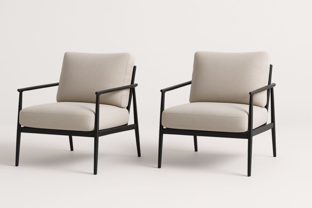 Fauteuil Lot de 2 en Métal Noir et Tissu Polyester Beige