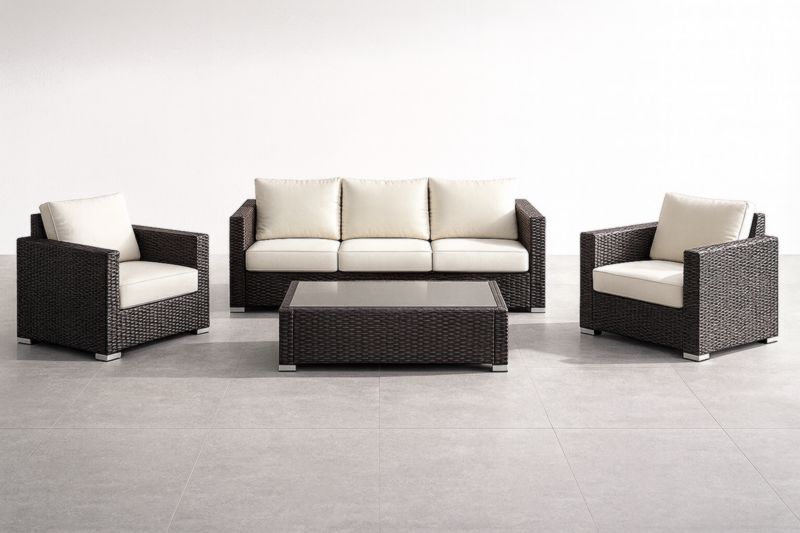 Ensemble de Salon en Résine Tressée avec Plateau en Verre et Coussins Beiges