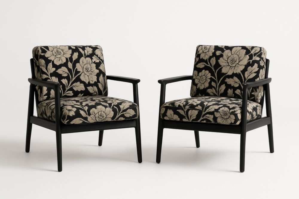 Set di 2 Poltrone in Legno con Tessuto Floreale Nero/Beige-Freshelino