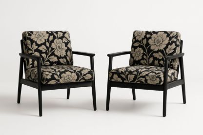 Set di 2 Poltrone in Legno con Tessuto Floreale Nero/Beige-Freshelino