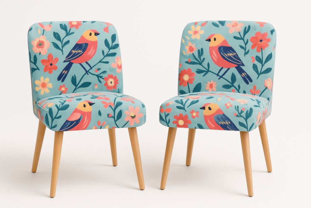 Sedie fantasia uccelli e fiori in tessuto blu con gambe in legno-Freshelino