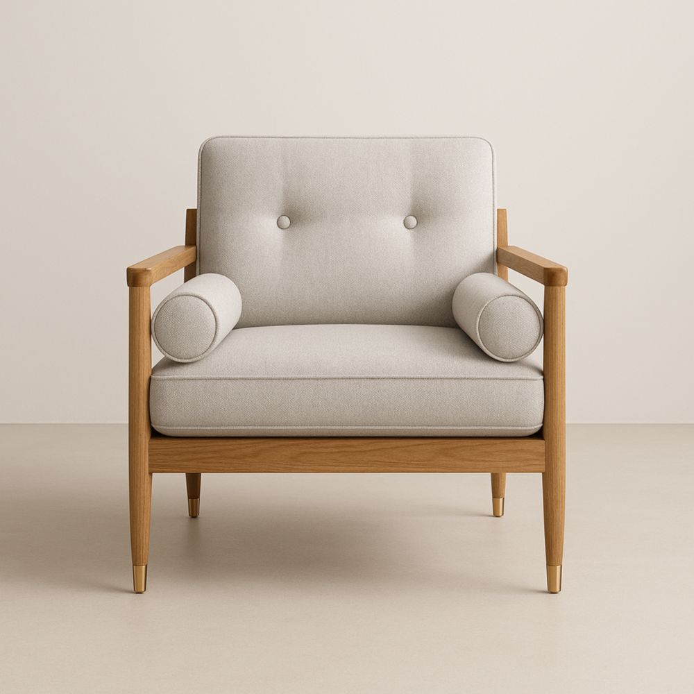 Poltrona in Tessuto Beige con Struttura in Legno-Freshelino