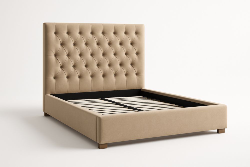 Letto matrimoniale imbottito con testiera trapuntata in tessuto beige-Mildorio