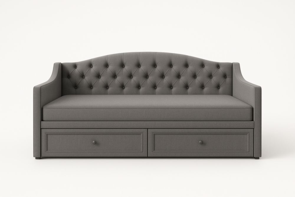 Divano letto grigio in tessuto con cassetti-Mildorio