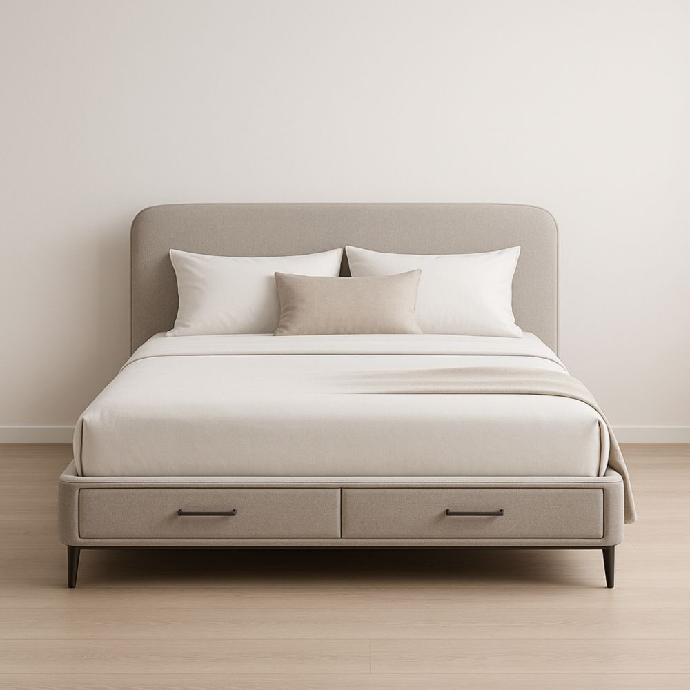 Letto matrimoniale imbottito con testiera e cassetti in tessuto beige-Mildorio