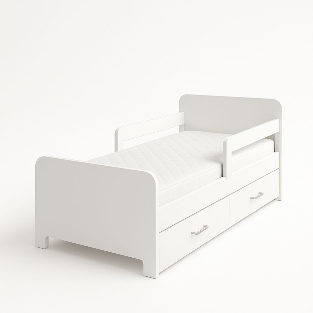 Letto singolo per bambini con cassetti in legno bianco e materasso-Mildorio