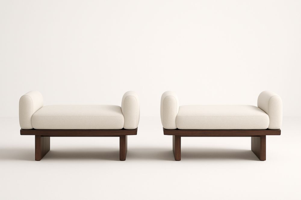 Coppia di panche in tessuto poliestere crema e legno massello-Mildorio