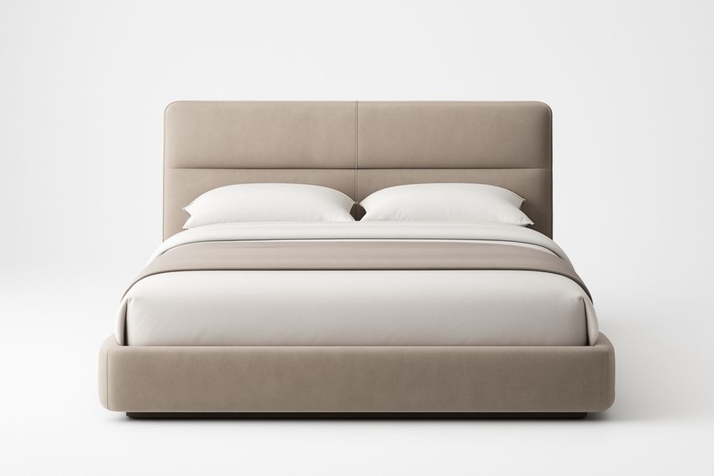 Letto matrimoniale in tessuto beige con struttura in legno-Mildorio