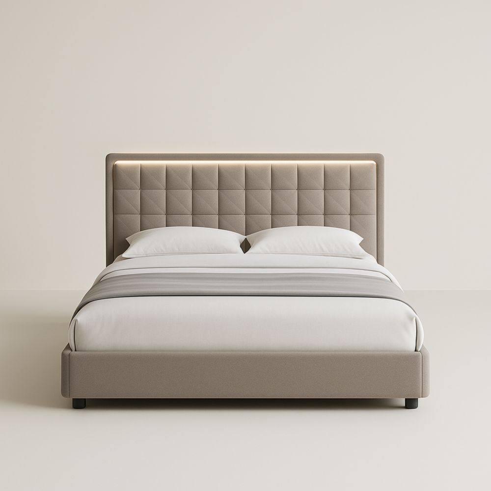 Letto matrimoniale in tessuto Beige con testiera illuminata 200x160 cm-Mildorio