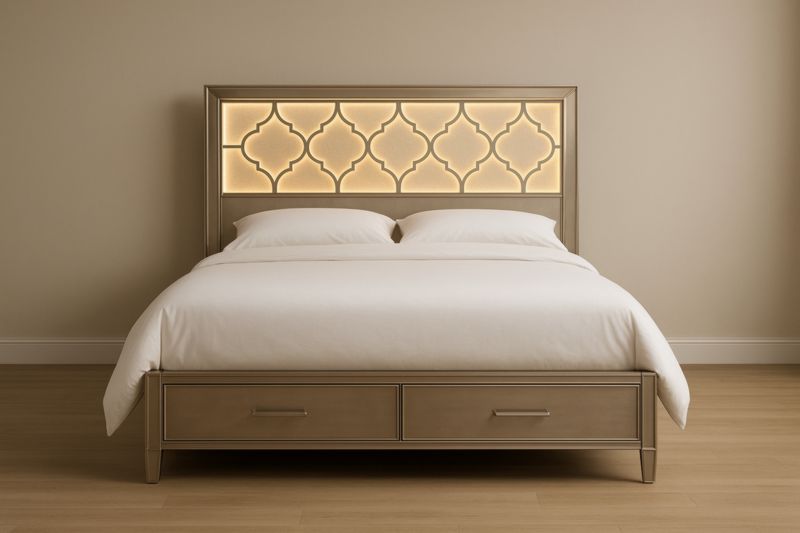 Lit double en bois avec tête de lit éclairée et tiroirs intégrés