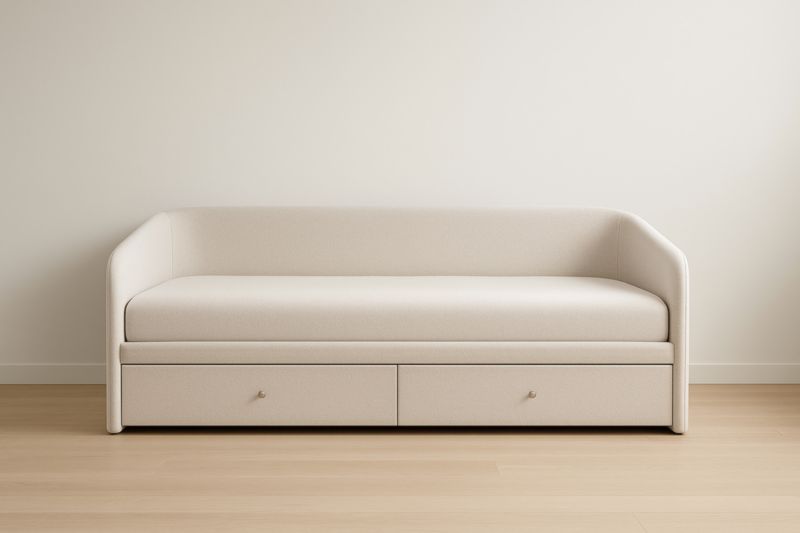 Canapé-lit beige avec tiroirs de rangement en tissu polyester