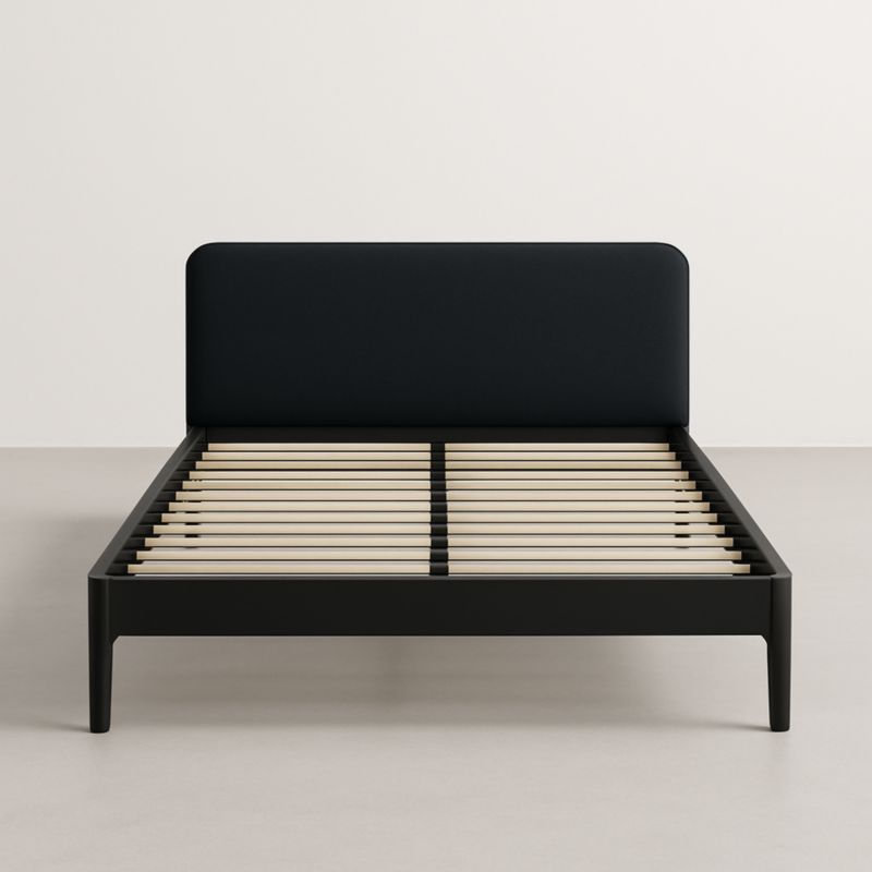 Lit double bois noir avec tête de lit rembourrée