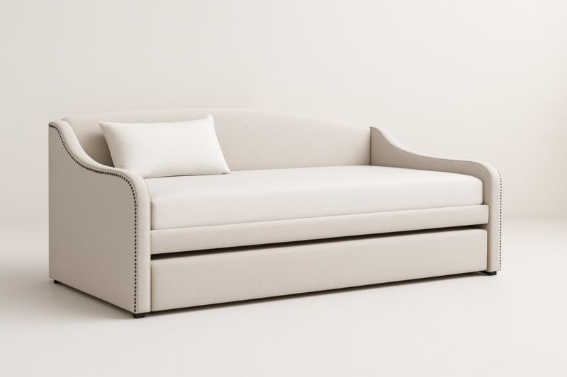 Canapé-lit beige en tissu lin avec coussin