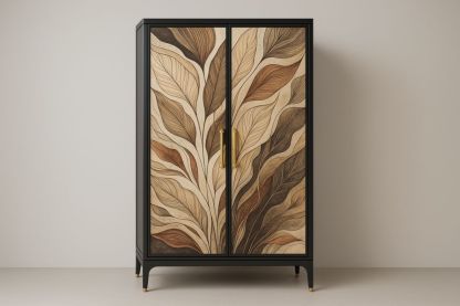 Armadio in Legno con Motivo Foglia, 2 Ante, Nero e Naturale, 180x100x50 cm-Nelanivo