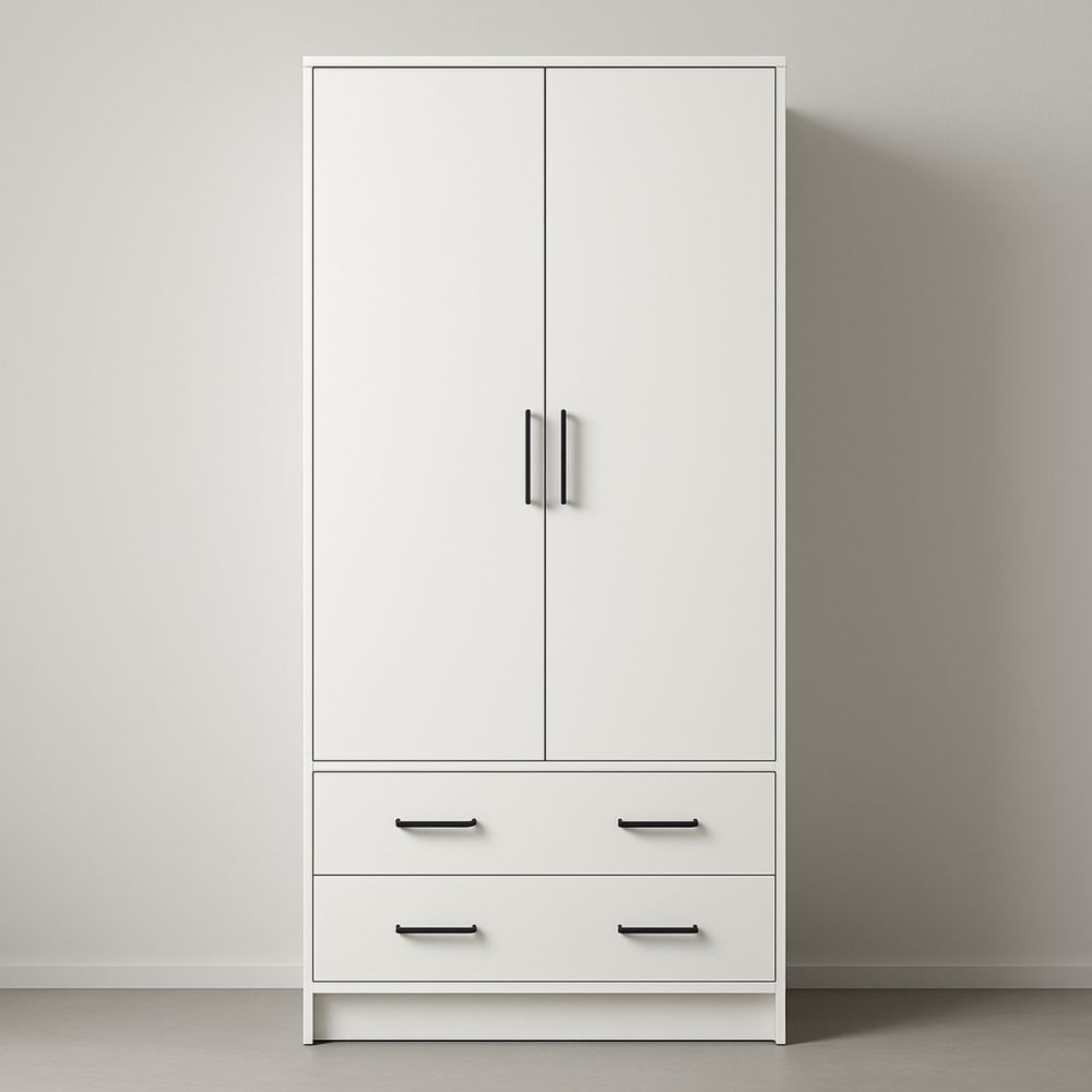 Armadio bianco in MDF con ante e cassetti-Nelanivo