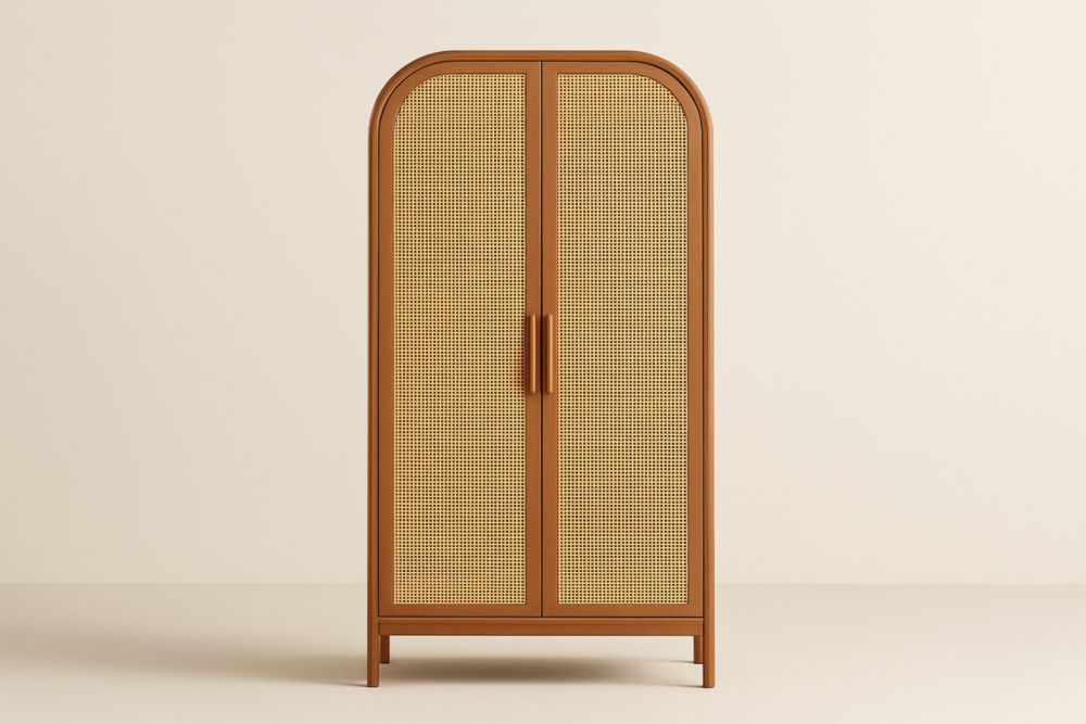 Armadio in legno e rattan naturale a due ante marrone 180x80x45 cm-Nelanivo