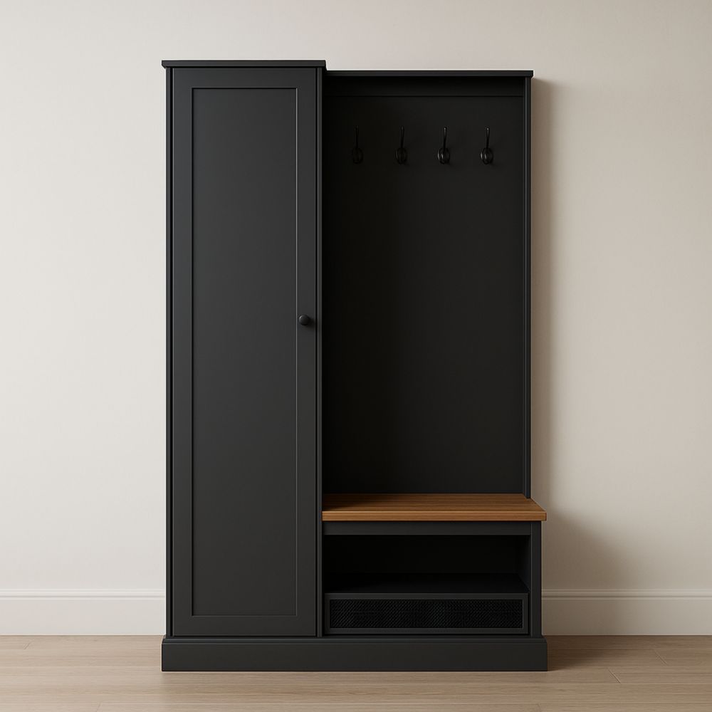 Guardaroba con 4 ganci in MDF nero e seduta in legno massello-Supavero