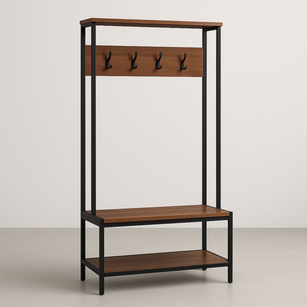 Appendiabiti in Metallo e Legno con 4 Ganci e Ripiani Marrone Nero 180x80x35cm-Supavero