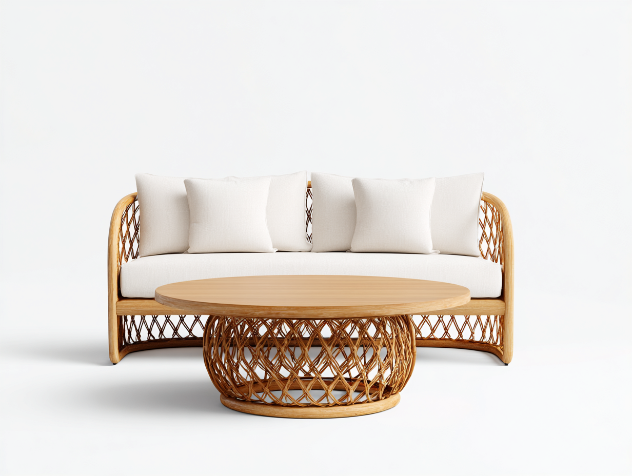 Sofás de jardín - ratán sintético-tela-madera - 198x94x80 cm - beige/marrón - estilo natural-Dengomart