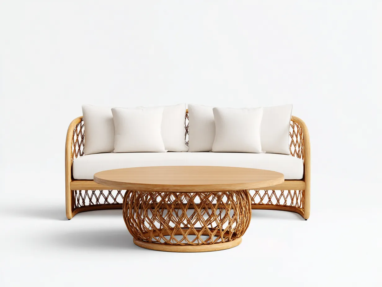 Sofás de jardín - ratán sintético-tela-madera - 198x94x80 cm - beige/marrón - estilo natural-Dengomart