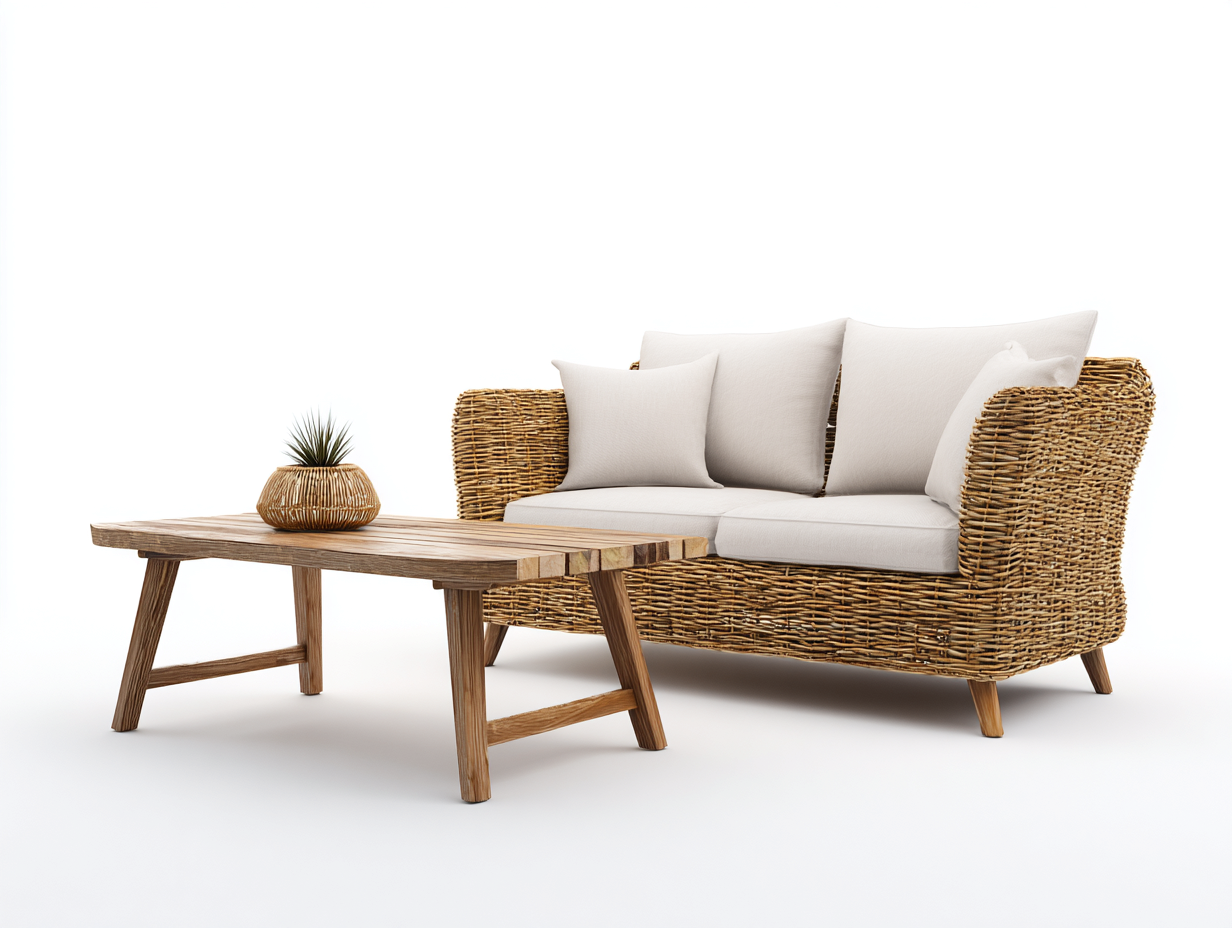 Sofás de jardín - ratán sintético-tela-madera - 184x88x82 cm - beige/marrón - estilo natural-Dengomart
