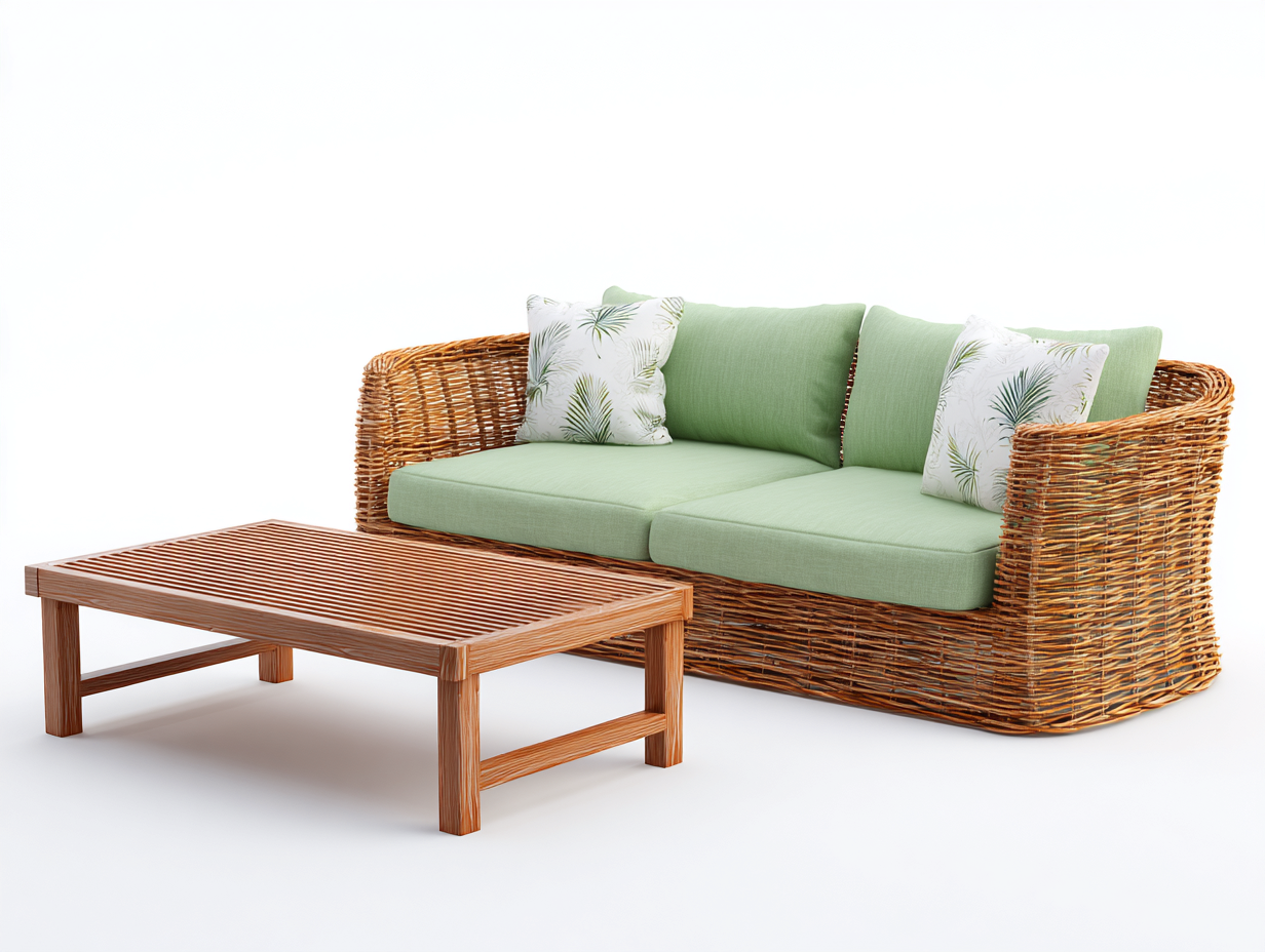 Sofás de jardín - ratán sintético-tela-madera - 188x90x82 cm - verde/marrón - estilo natural-Dengomart