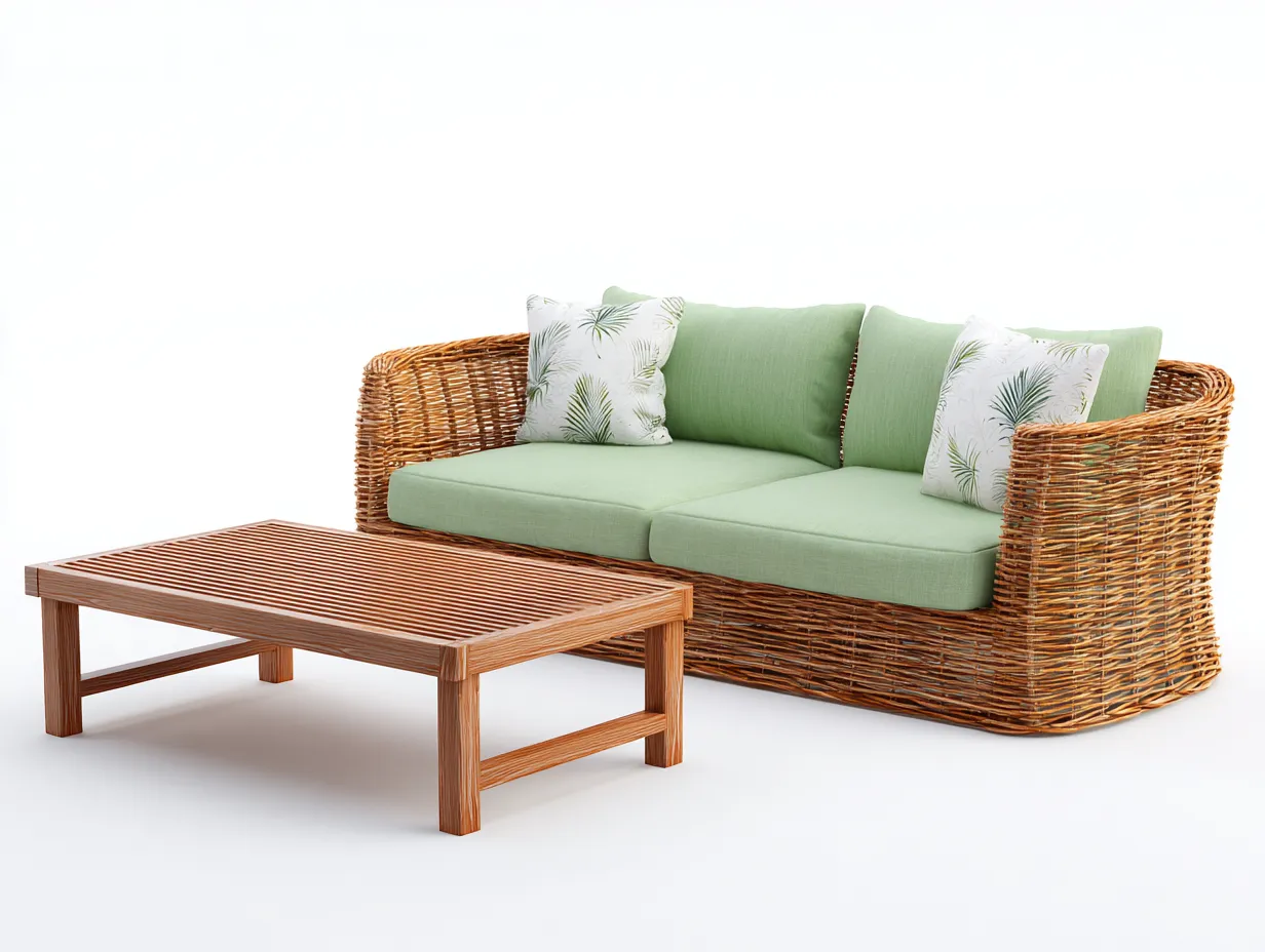 Sofás de jardín - ratán sintético-tela-madera - 188x90x82 cm - verde/marrón - estilo natural-Dengomart