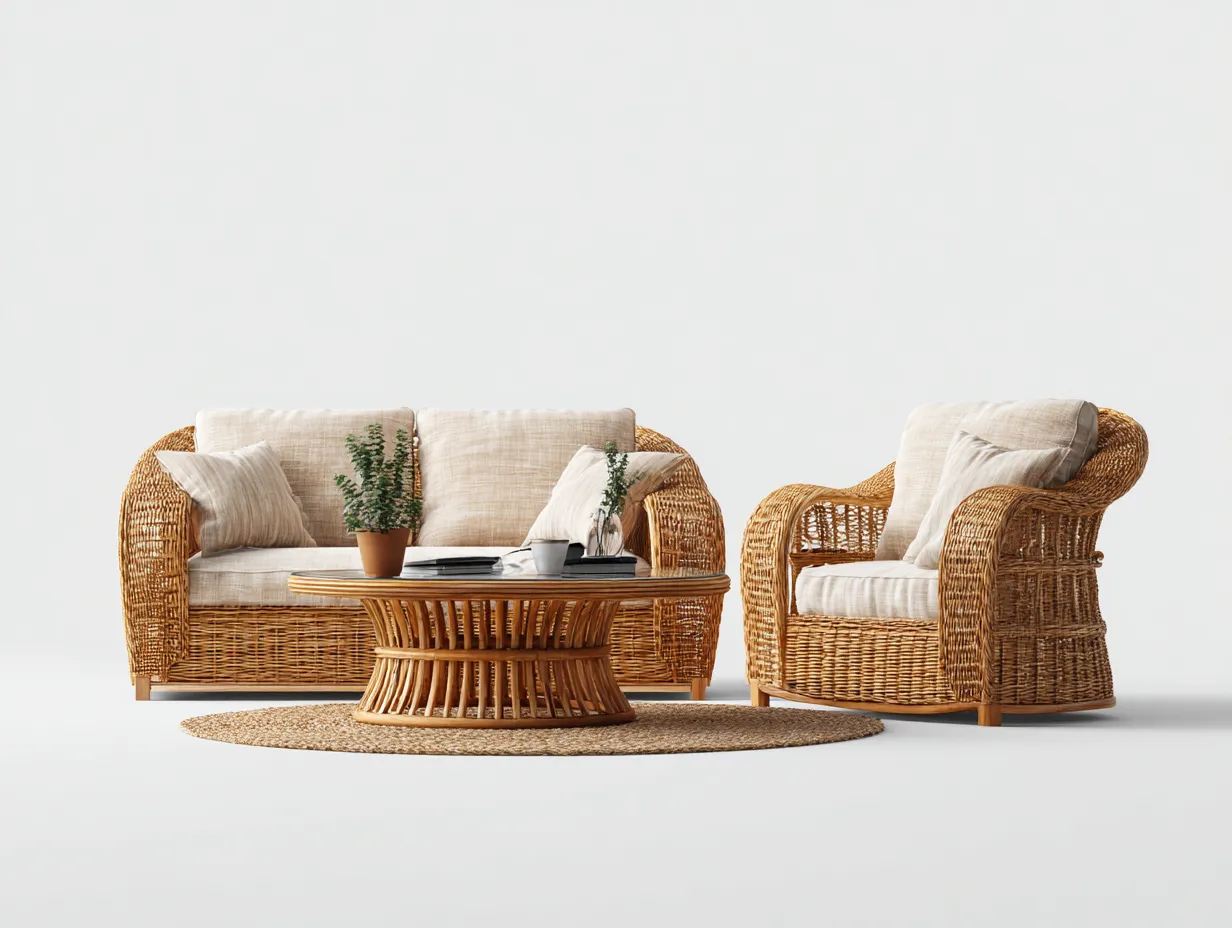 Sofás de jardín - ratán sintético-madera-tela - 220x90x82 cm - beige/marrón - estilo natural-Dengomart