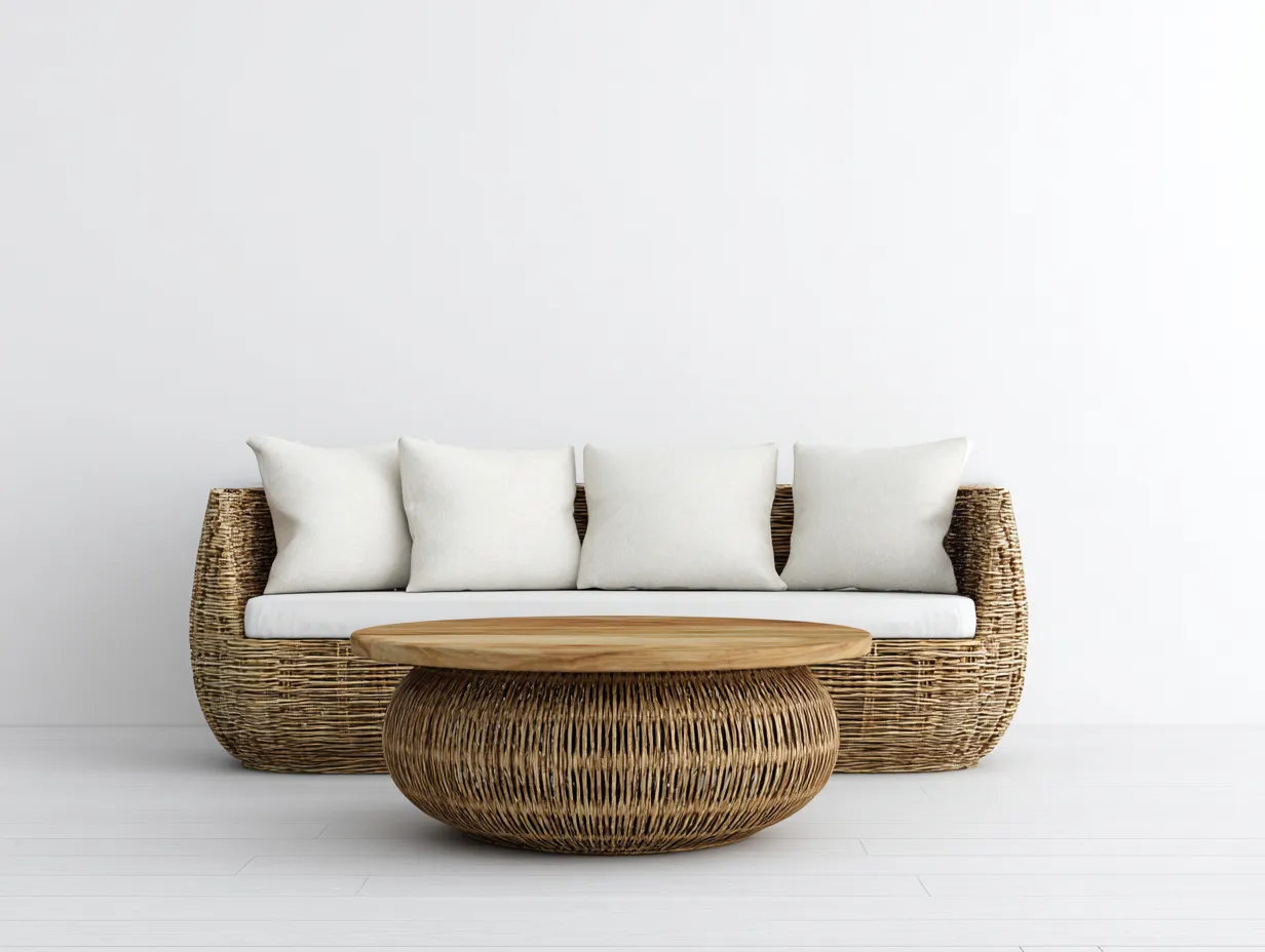 Sofás de jardín - ratán sintético-tela-madera - 196x92x78 cm - beige/marrón - estilo natural-Dengomart