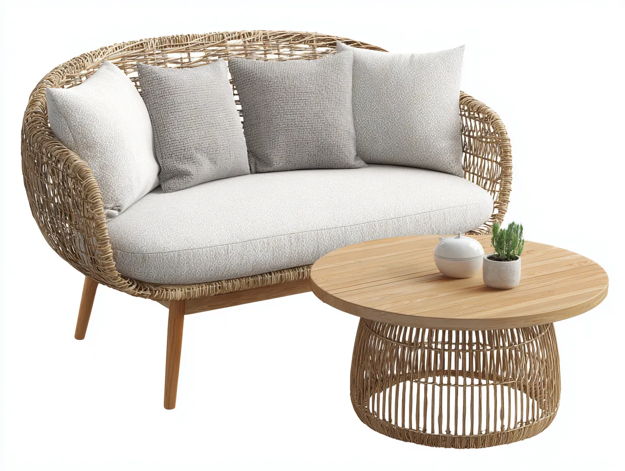 Sofás de jardín - ratán sintético-tela-madera - 182x90x83 cm - beige/marrón - estilo natural-Dengomart