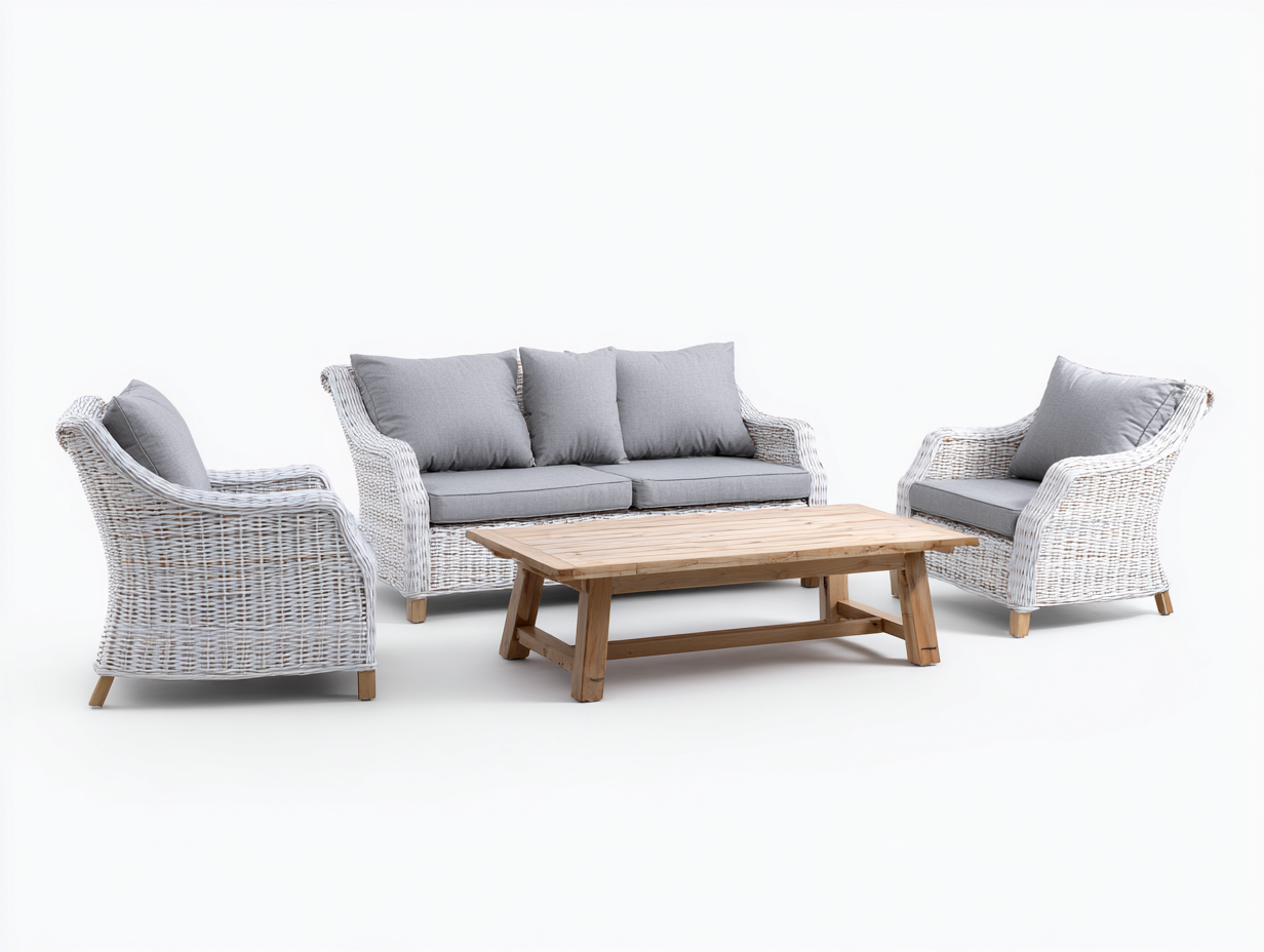 Set di divani da giardino in rattan sintetico con tavolino in legno 170x80x78 cm - grigio-bianco - design moderno per esterni-Nestgetshop