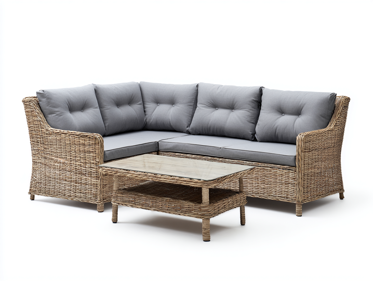 Set di divani da giardino con divano angolare 260x200x80 cm - intrecciato - naturale-grigio - per esterni - design moderno-Nestgetshop