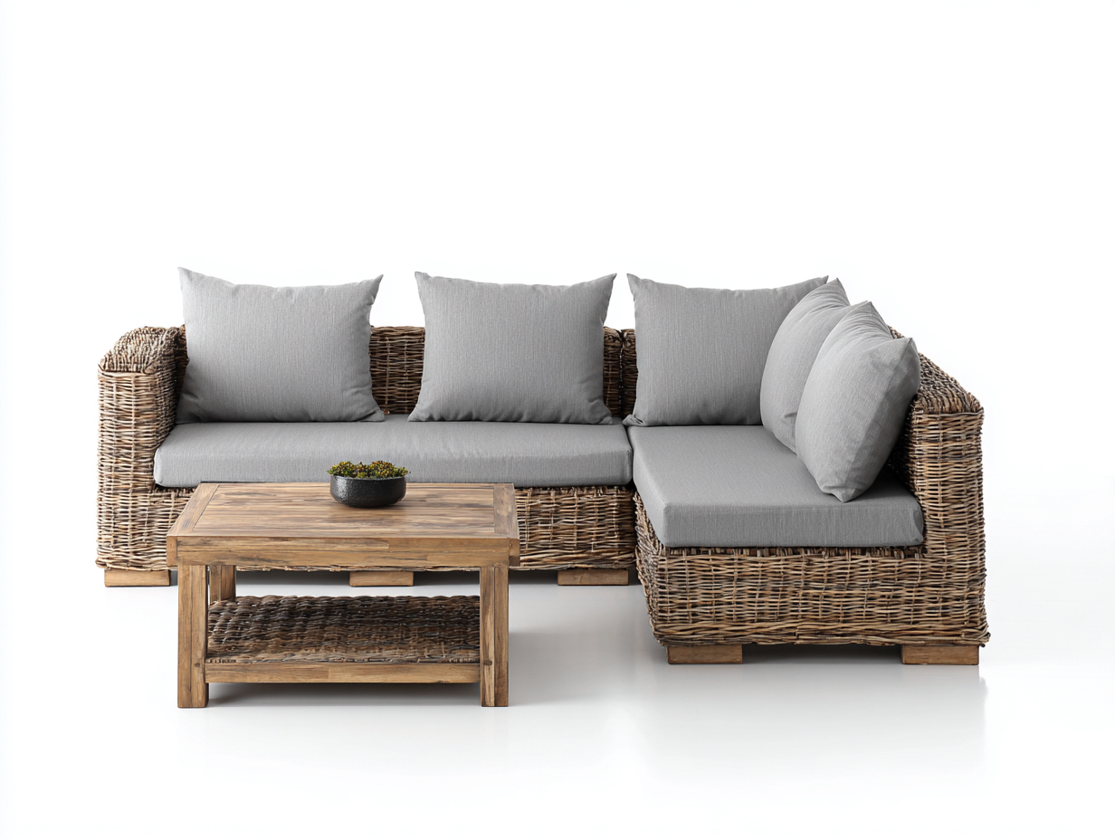 Set di divani da giardino angolare in rattan sintetico 220x220x78 cm - naturale-grigio - stile caldo per esterno-Nestgetshop