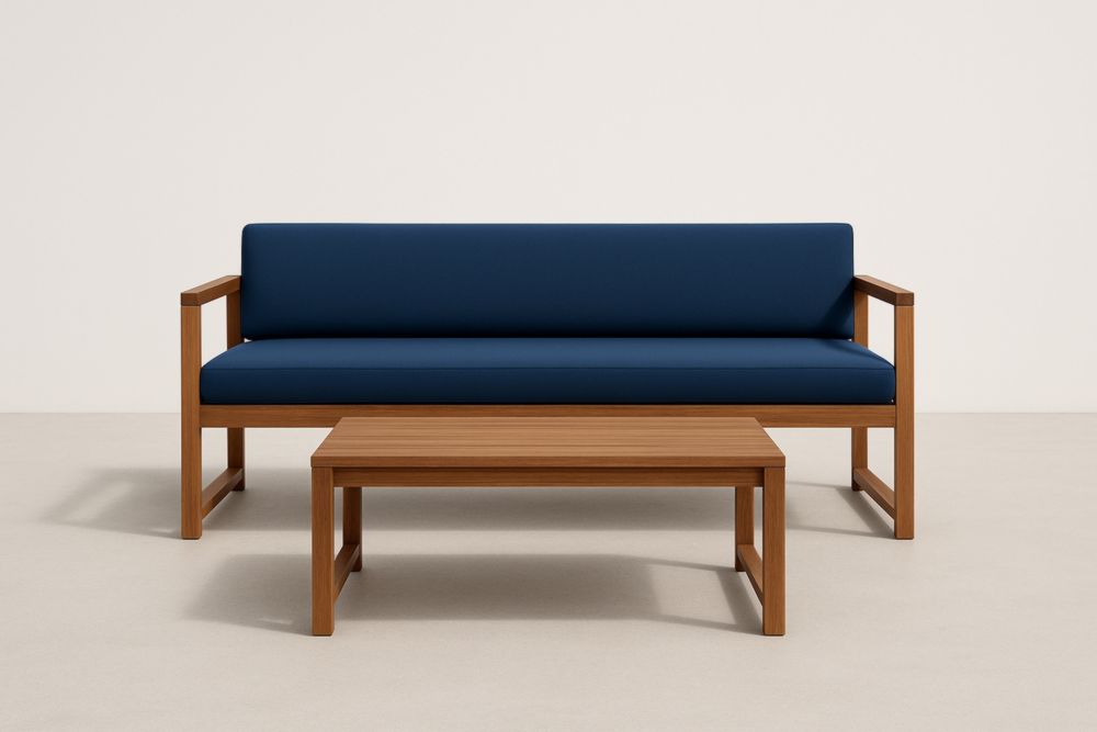 Ensemble canapé extérieur 3 places en bois d'acacia et coussins bleus