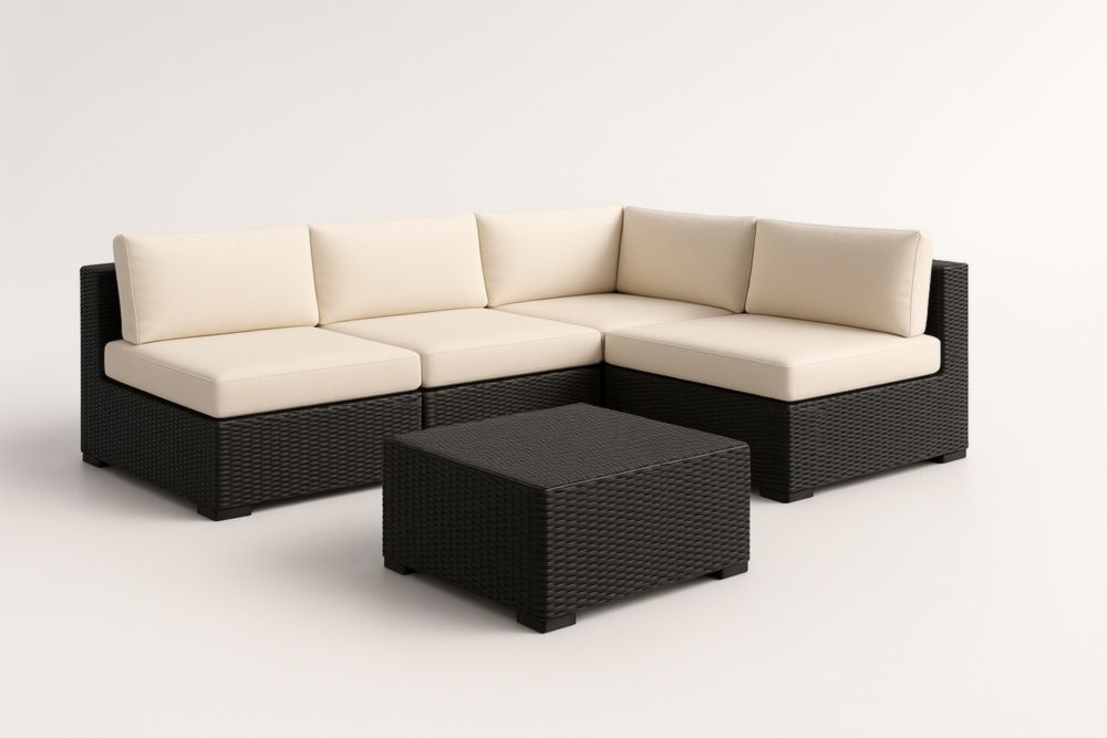 Ensemble de Canapé d'Angle de Jardin en Rotin Synthétique Noir avec Coussins Crème