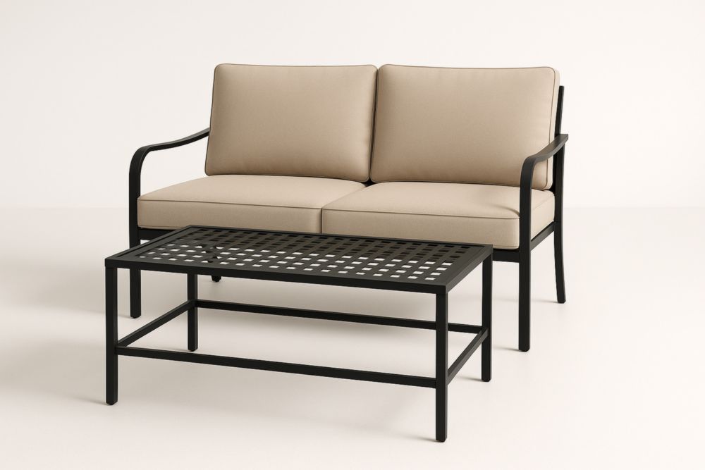 Canapé de jardin 2 places beige avec table basse métallique