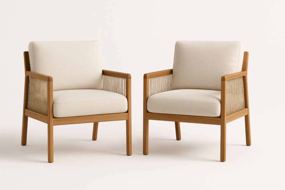 Ensemble de 2 Fauteuils en Bois et Tissu Crème