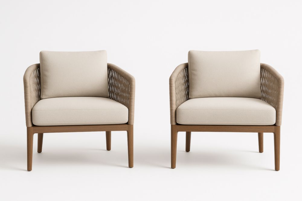 Paire de fauteuils en tissu beige et bois 75x80x75 cm