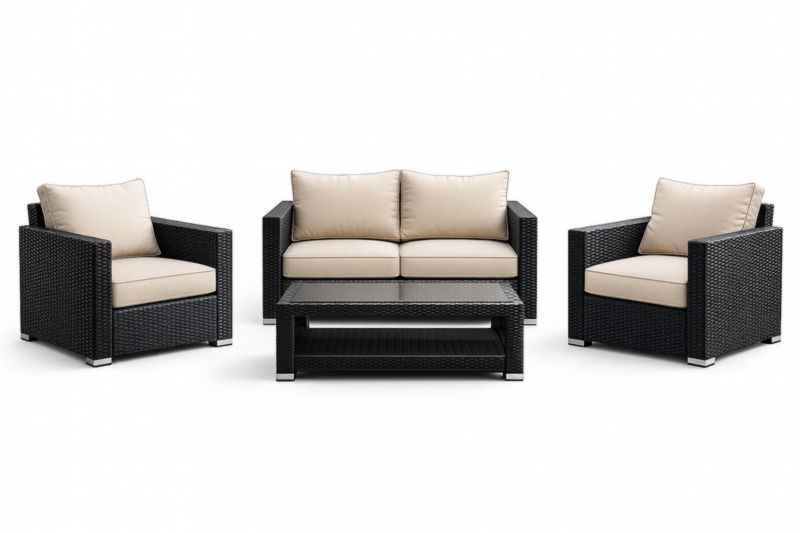 Salon de Jardin en Résine Tressée Noire avec Coussins Beiges, Ensemble de 4 Pièces