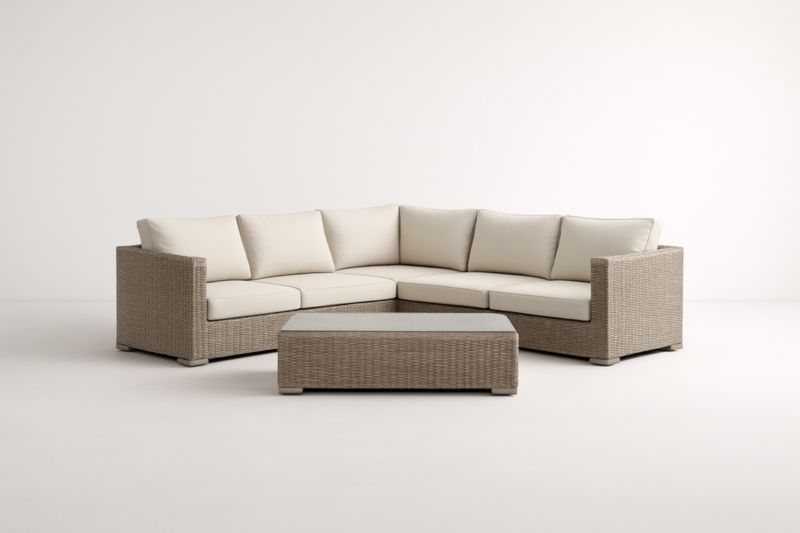 Canapé d'Angle en Rotin Synthétique avec Table Basse - Coussins Polyester - Beige Crème