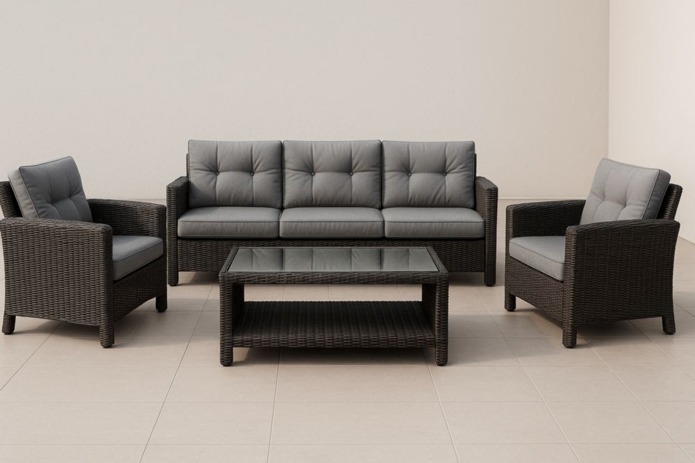 Ensemble de meubles de jardin en rotin et coussins gris avec table en verre