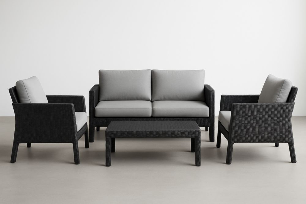 Salon de jardin 4 pièces en résine avec coussins gris