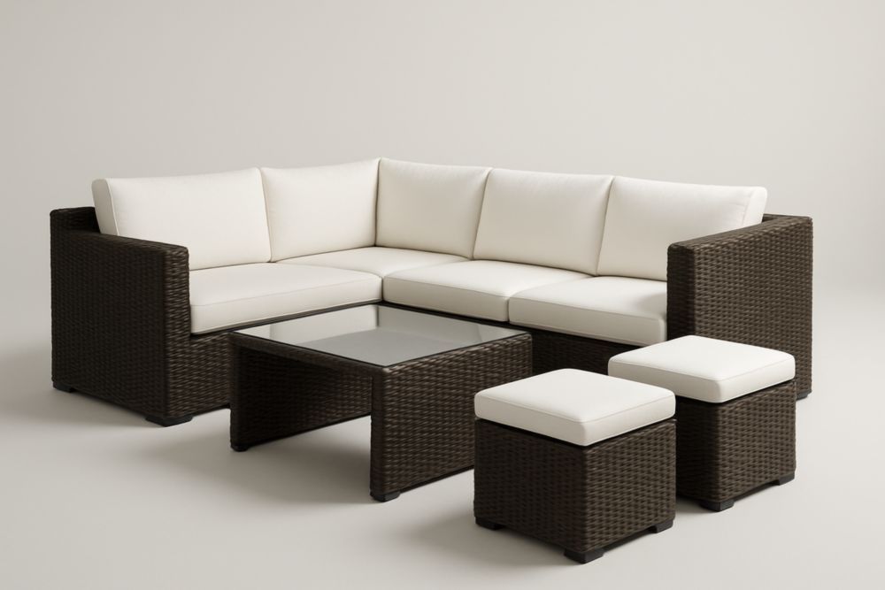 Ensemble Salon de Jardin en Rotin Brun avec Coussins Blancs et Table en Verre